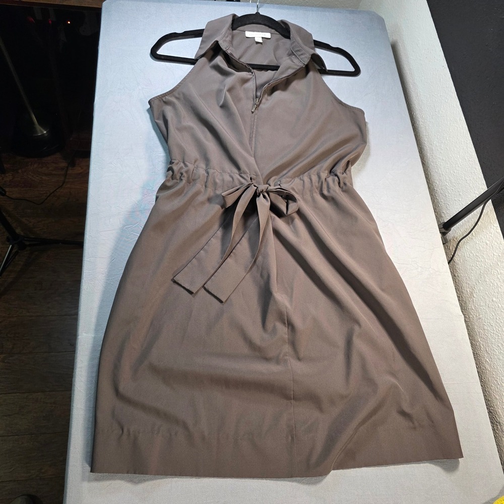 Prologue Womens Quarter Zip Tie Waist Sleeveless Collared Dress Brown Small